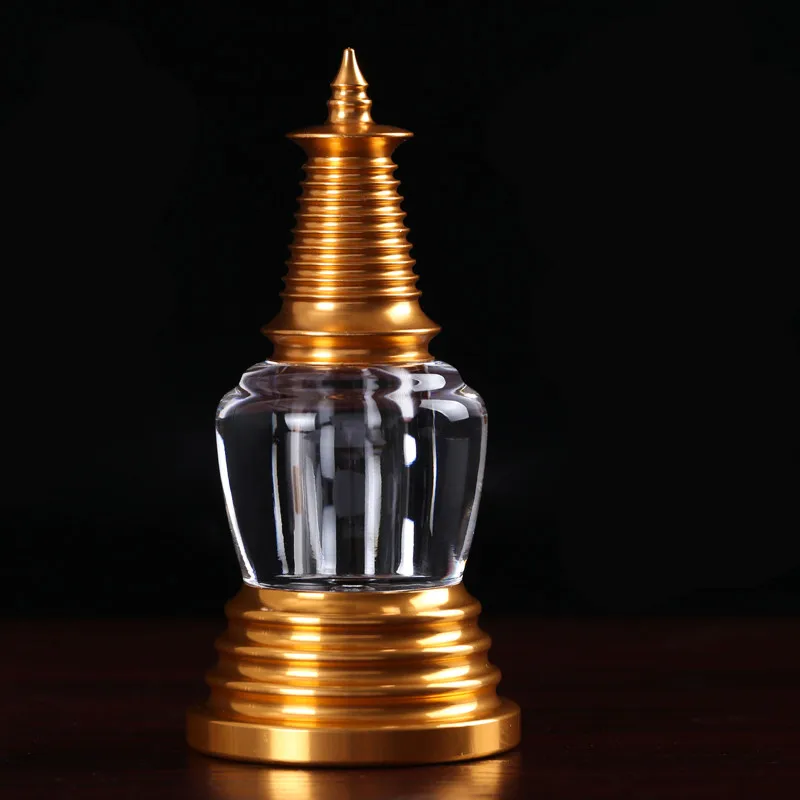 

8.2cm Gold Alloy Metal Crystal Acrylic Buddhist Suppliers Auspicious Design Pray Putting Decorate Stupa Instrument