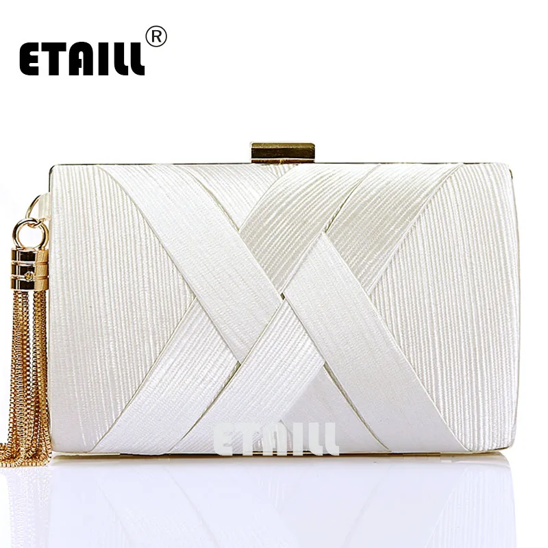 

ETAILL White Satin Evening Clutch Bag Nude Silk Women Evening Dress Bag Purse Ladies Bridal Wedding Party Chain Shoulder Bag