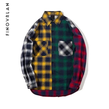 

new spring Color Block Patchwork Turn-down Collar Men's Shirt 2018 Flannel Plaid Hip Hop Shirts Men High Street Shirt