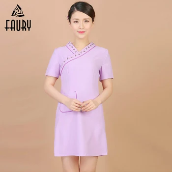 

Chinese Style Short Sleeve Work Dress Hospital Medical Nurse Uniforms Long Coat Beauty Salon Massage SPA Sauna Workwear Clothing