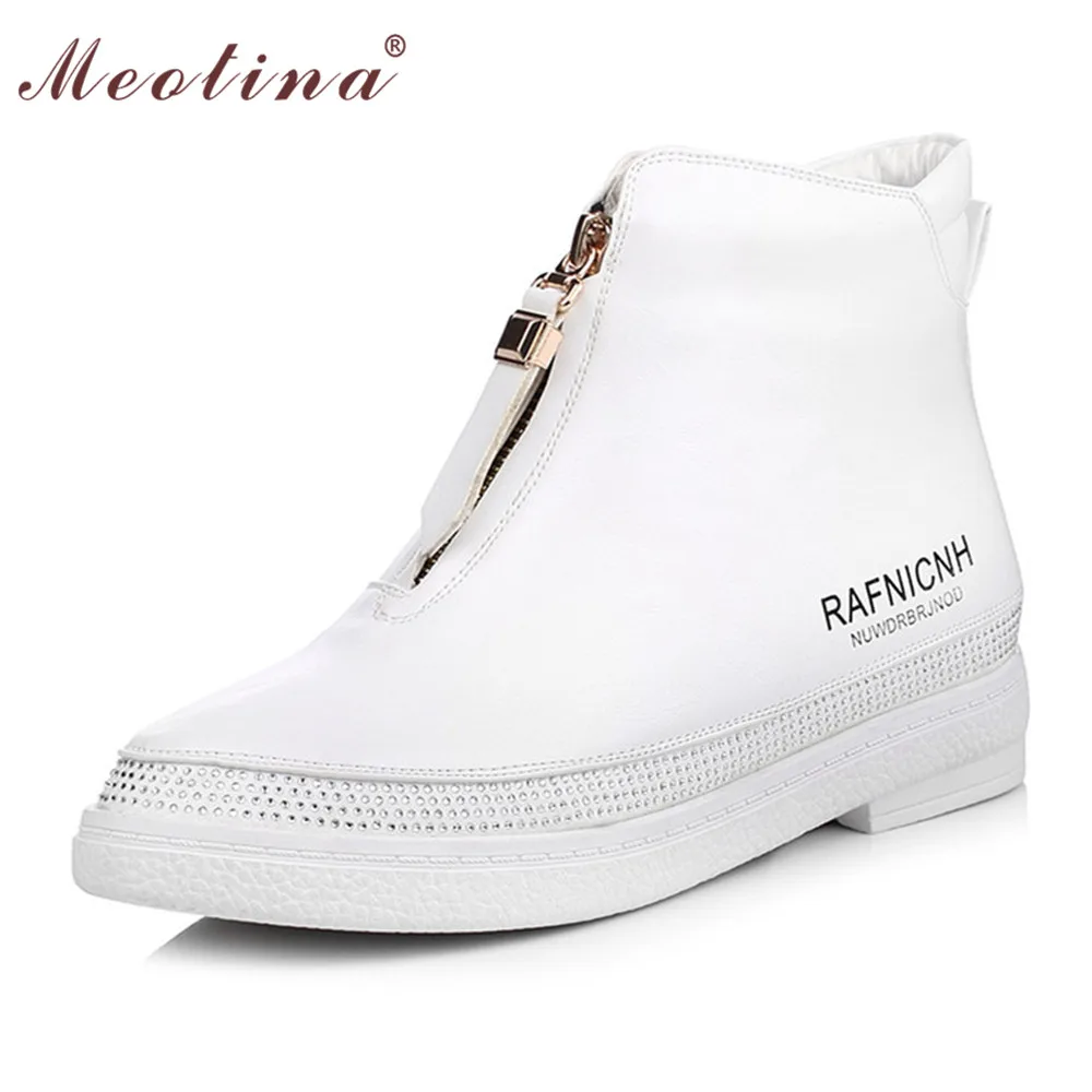 ФОТО Meotina Shoes Women Boots Pointed Toe Ankle Boots Zip Flat Western Boots Ladies Shoes Causal Comfort Martin Boots White  35-39