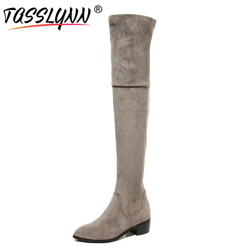 

TASSLYNN 2018 Women Boots Slip on Winter Shoes Pointed Toe Square High Heels Over The Knee Boots Stretch Fabric Women Shoes 43