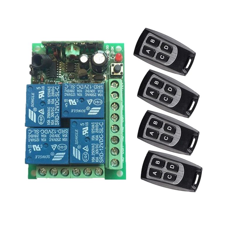

DC 12V 4CH Channel 433Mhz/315Mhz Wireless Remote Control Switch With Transmitter 4 button