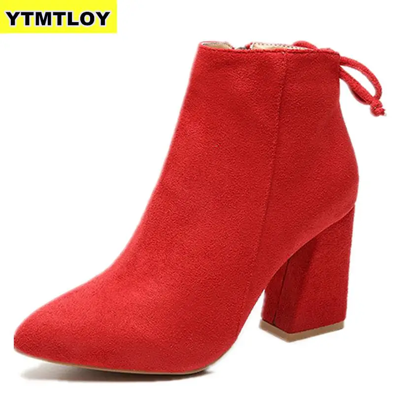 

Yellow Color Pointed Toe Women Mid Calf Boots Zippers Autumn Spring Martin Casual Lace-up High Heel Boots Ankle Boot Winter
