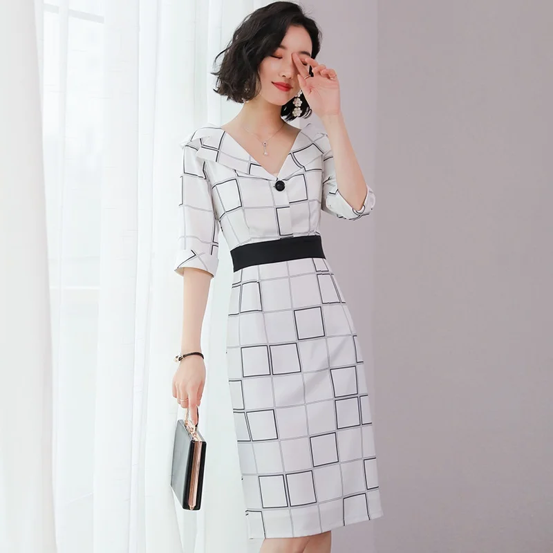 

White Plaid Dress Midi Elegant Korean Style Clothing Office Clothes For Women Business Ol Office Dresses Ladies 2019 DD2043