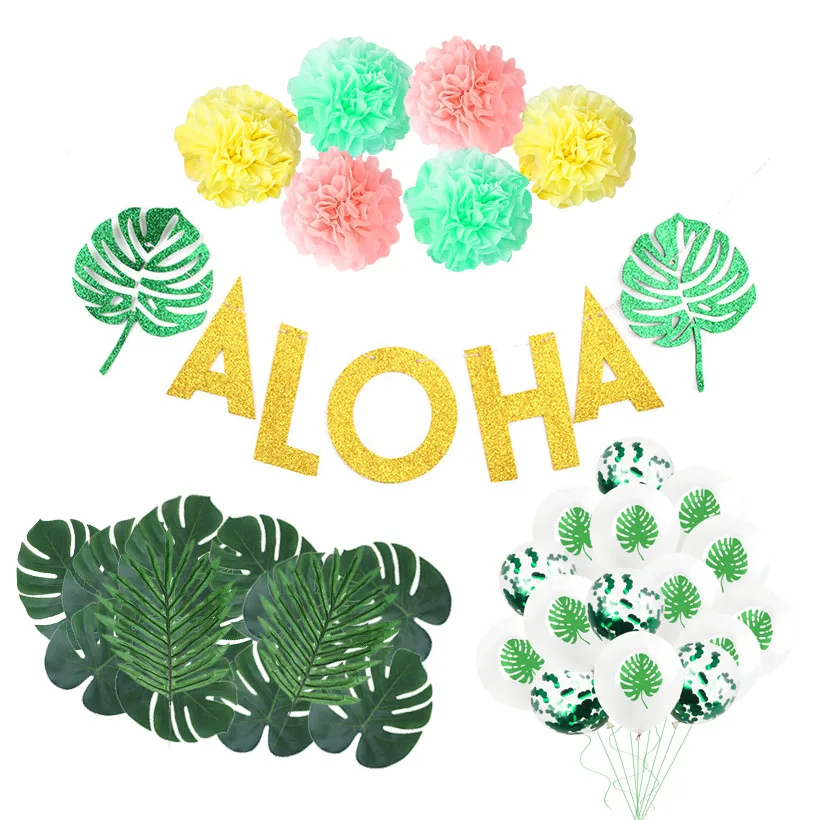 

Hawaii Tropical Luau Party Decorations Aloha Glitter Banner Artificial Palm Leaves Paper Pompom Flowers Summer Flamingo Party