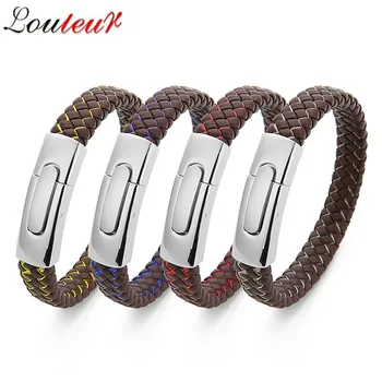 

LOULEUR Trendy Men Leather Bracelet Steel Color Stainless Steel Magnetic Clasp Friendship Bracelets & Bangles Christmas Gift