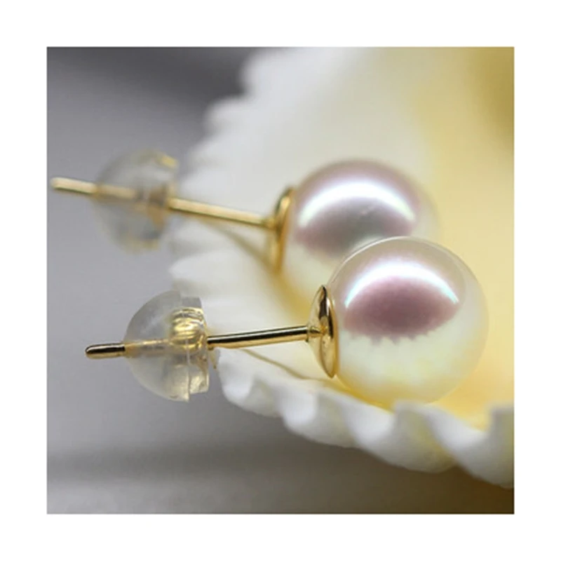 

Lii Ji 18K Gold Luxury High Quality White Round Smooth Japanese Akoya Pearl 8-9mm Stud Earring
