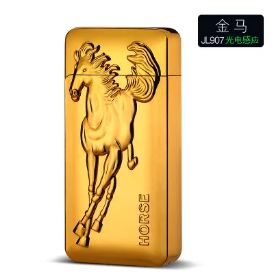 Зеленая лазерная USB перезаряжаемая электрическая зажигалка, быстрая зажигать сигарету, зажигалка с 3D принтом, двойная дуга, плазменные зажигалки, гаджеты для мужчин - Цвет: Relief Gold Horse