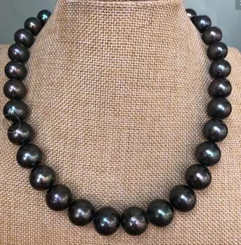 

stunningAAA13-15mm Tahitian round black green pearl necklace 18"925s KKK