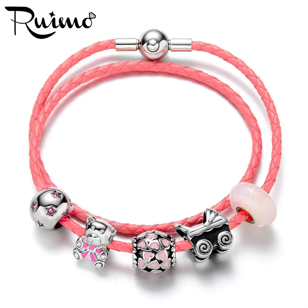 

RUIMO Lovely Pink Women Bracelets Pink Genuine Leather Rope Chain Bracelet Cute Bear Charm Beads Bracelet Jewelry For Girl Gift
