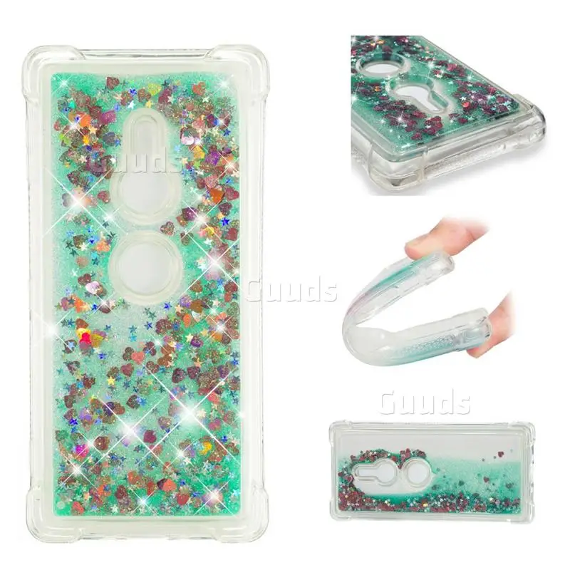 Dynamic Liquid Glitter Sand Quicksand TPU Case for Sony Xperia XZ2 - Green Love Heart