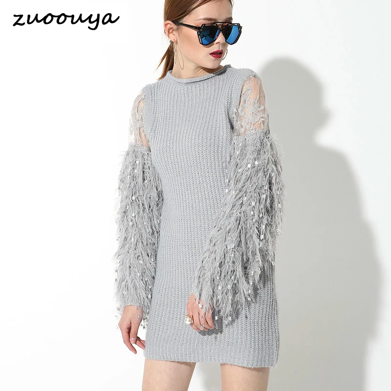 New Fashion Comfortable Stitching Knitting Lantern Sleeves Full Sleeved Gray Color Short Dress Women Temperament Tide | Женская одежда