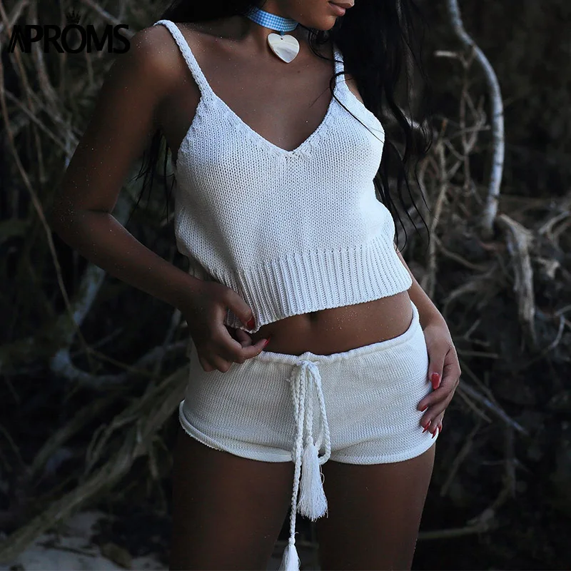 

Aproms Boho White Knitted Crop Top and Shorts Women Elegant 2 Pieces Set Summer Low Waist Beach Bikini Romper Female Outfit 2019