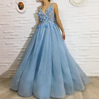 

Sky Blue Muslim Evening Dresses Sexy A-line V-neck Tulle Flowers Plus Size Islamic Dubai Saudi Arabic Long Formal Evening Gown