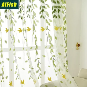 

Embroidered Green Leaves and Yellow Swallow Patterned Sheer Voile Curtains for Living Room Ready Made Curtain Tulle P272T3
