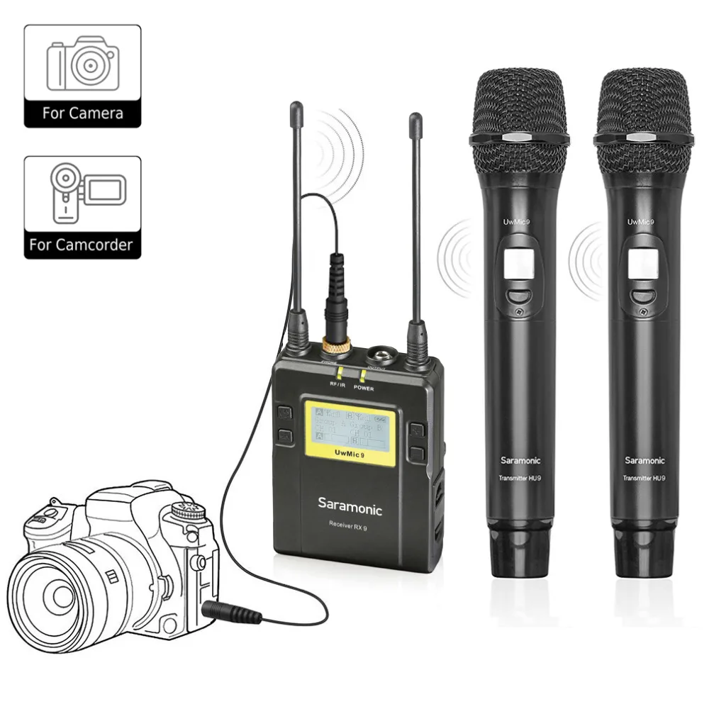 Saramonic UwMic9 96-канал частоты UHF Беспроводные ПЕТЛИЧНЫЕ микрофонные системы два ручных микрофона и один приемник для DSLR и видеокамеры