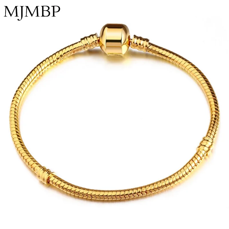 

24K Gold Basic Snake Chain Bracelet DIY Charm Bead Jewelry NOT FADE Original Pandoraa For Bracelets & Bangles Color protection