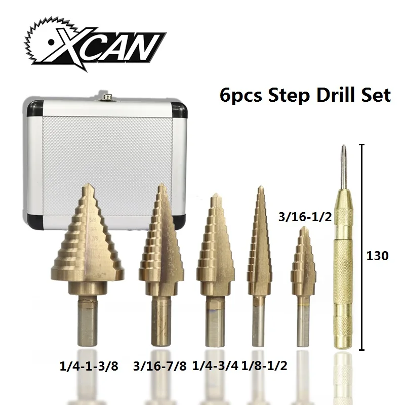 

XCAN 6pcs 1/8"-1-3/8" Cone Drill Bit Straight Flute Pagoda Drill TiCN Coating HSS Step Drill Bit Set