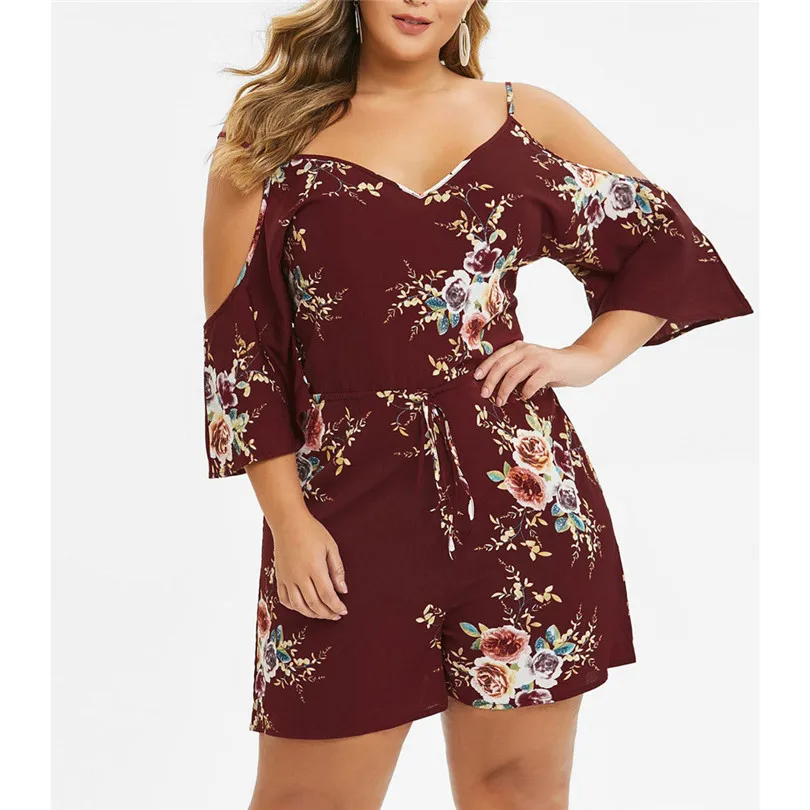  Womens Plus Size Bohemian Floral Casual Playsuits New 2019 Fashion Sexy Cold Shoulder Jumpsuit Bodysuit V-Neck Romper #E11 (19)