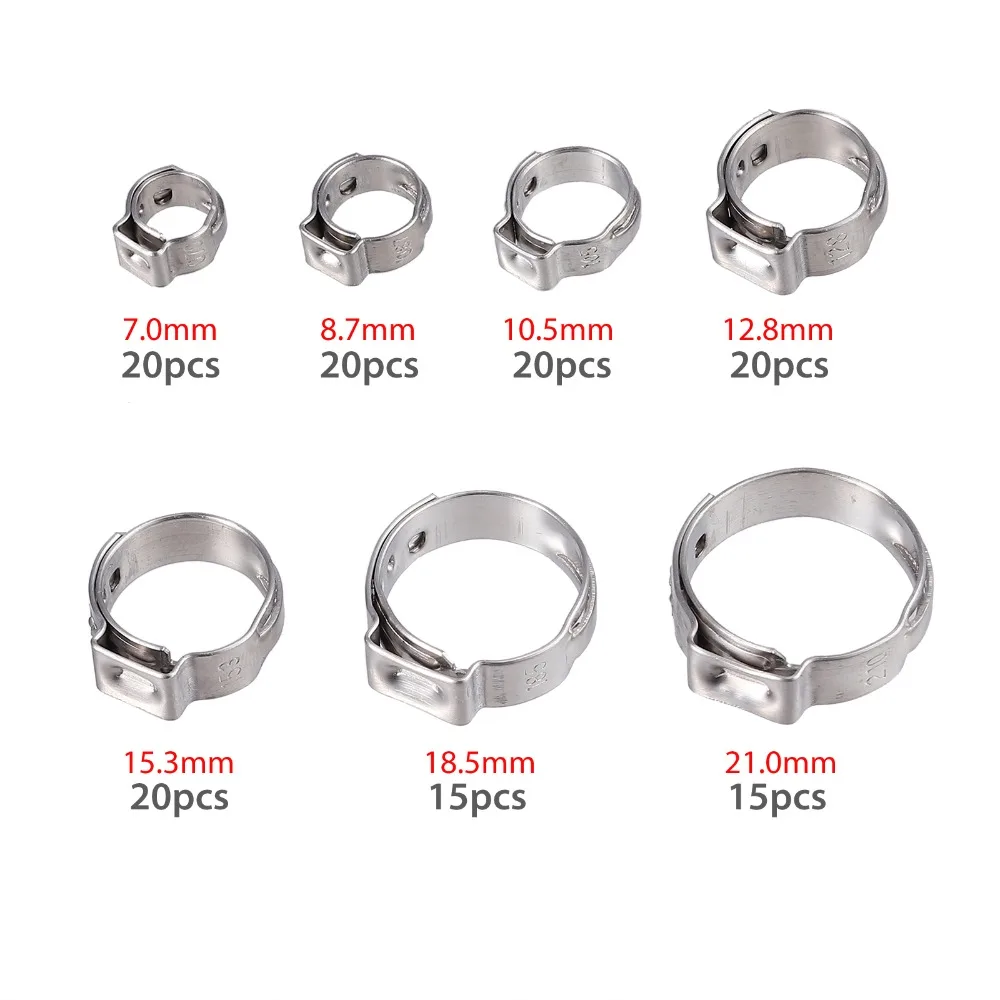 Neoteck 130 шт 7-21 мм 304 Нержавеющая сталь одинарные хомуты для шлангов ассортимент зажимные кольца
