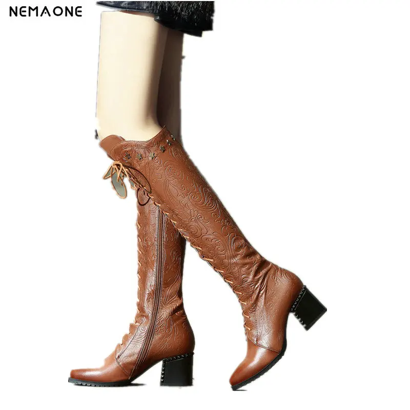 

NemaoNe 2018 Women Over The Knee High Boots Cow Leather Fashion Lace Up Pointed Toe All Match Women Motorcycle Boots Size 34-43