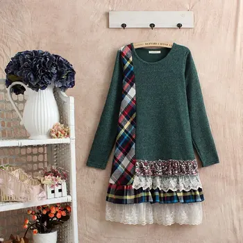 

Autumn winter patchwork tunique ladies dresses crop top green dress vestidos casual cute cawaii maxi dresses long vetement femme