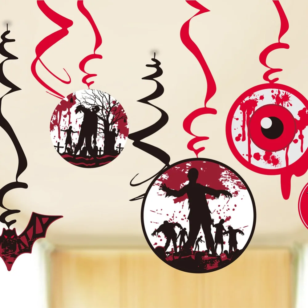 

9pcs Spooky Halloween Ceiling Hanging Swirl Decoration Party Dangler Swirls with Cutouts of Flying Bats Bloody Eyeballs Zombies