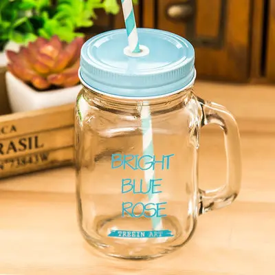 450 мл красочная стеклянная банка чашка Мейсона с крышкой и соломинкой смузи мороженое фрукты холодная питьевая вода Банки сок чашка - Цвет: Letter Blue