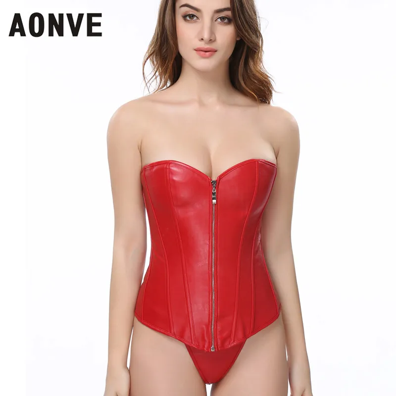 AONVE Women Corset Sexy Leather Corselet Gothic Clothing Zipper Waist Trainer Lace up Clubwear Plus Size PVC Bustiers korzzet