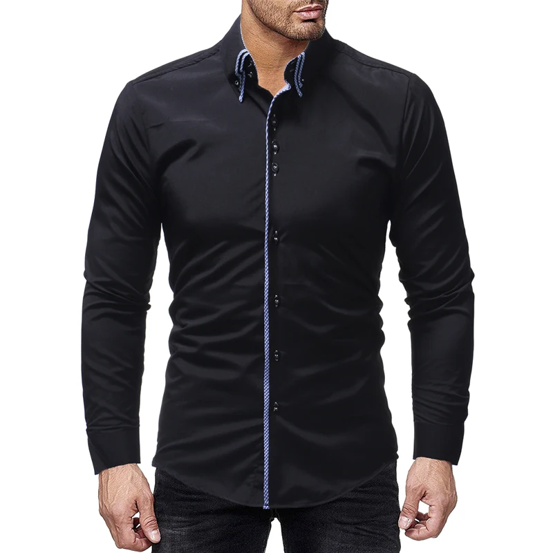 2018 new best selling men's shirts double-layer collar door edging men's casual slim long-sleeved shirt solid color long-sleeved