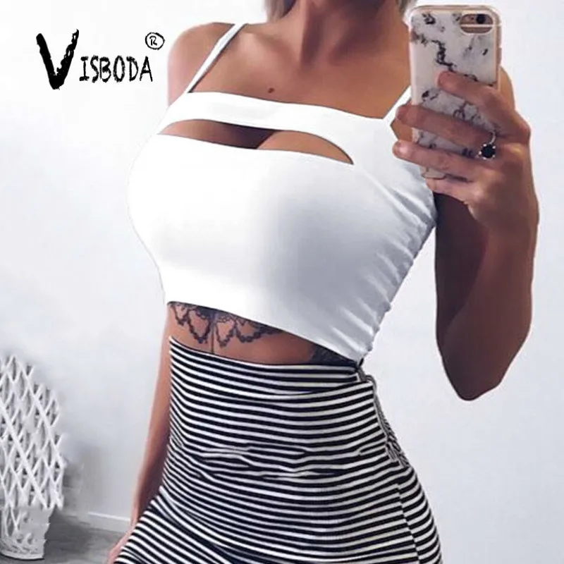 

Women Pink Strap Tops 2019 Female Summer Cropped Tops Sexy Camis Club Camisoles White Ladies Short Tight Hollow Out Shirt