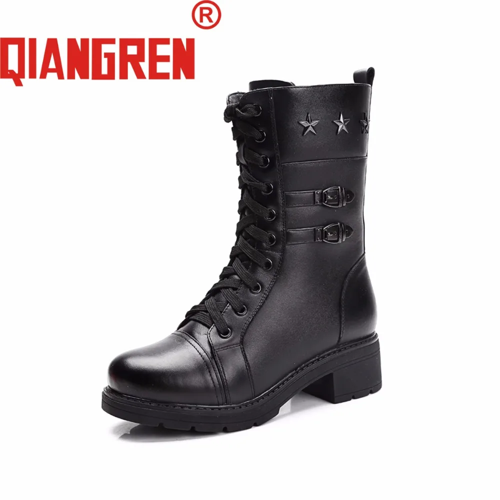 Bottes Vache En Hiver Moto Neige Femme Marque Caoutchouc Cuir Véritable Militaire Noir Femmes Extérieur Qiangren Laine De 1pwFwP