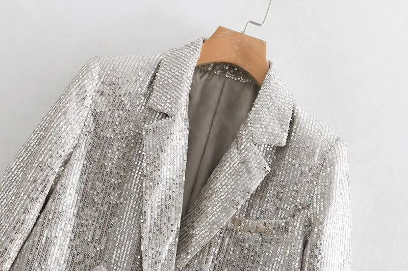 2019 Spring Suit Collar Jacket Long Sleeves Double-breasted Suit Straight Tube Solid Color Medium-long Sequined Women's Blazers 2019 Spring Suit Collar Jacket Long Sleeves Double-breasted Suit Straight Tube Solid Color Medium-long Sequined Women's Blazers