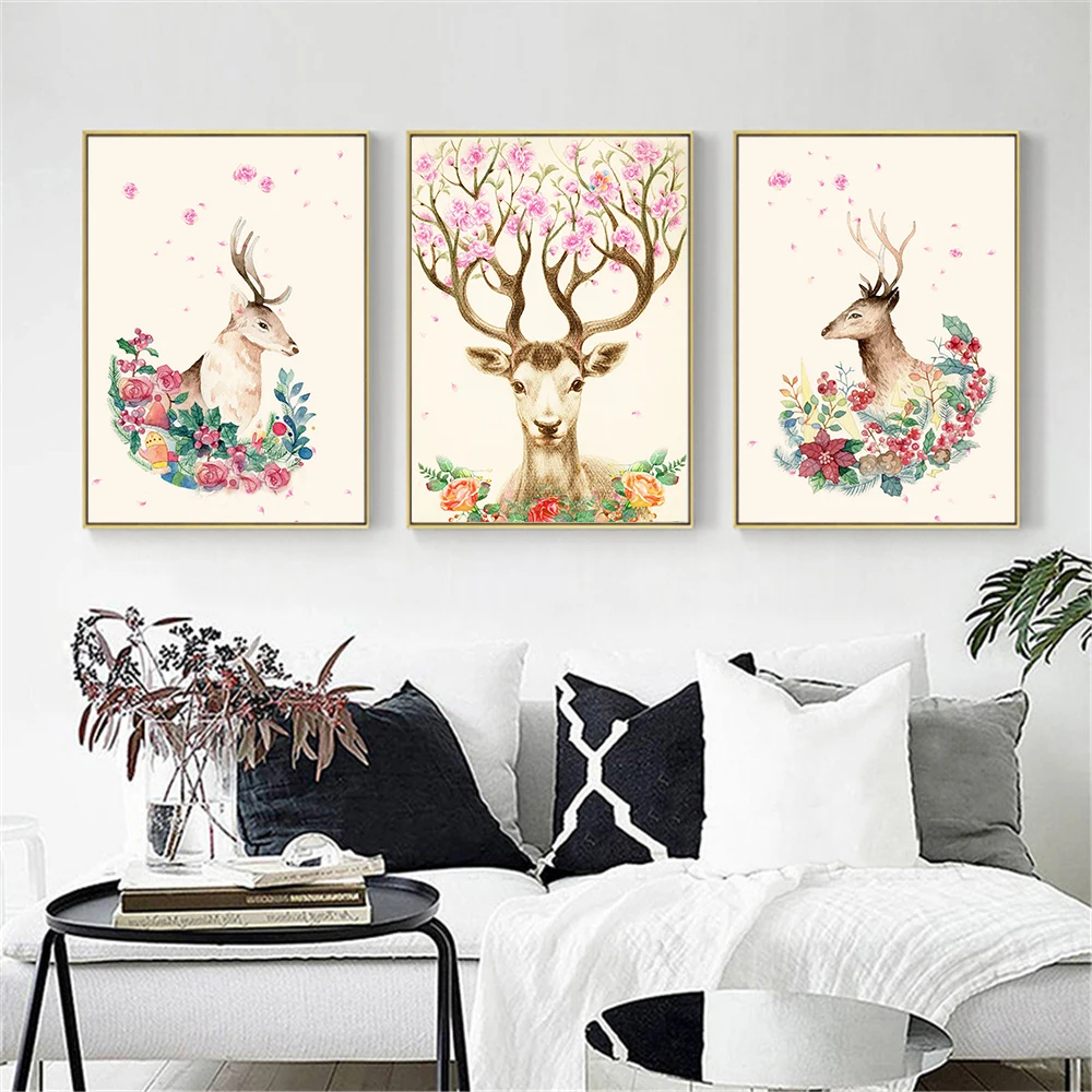 Flores-da-aguarela-Sika-Veados-N-rdico-Impress-o-Cartaz-Arte-Da-Parede-Da-Lona-Pintura (1)