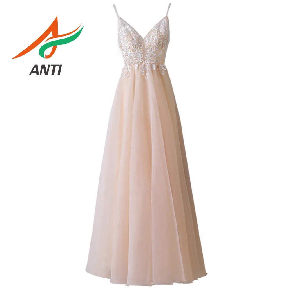 

ANTI Sexy Evening Dresses 2019 V-Neck Spaghetti Strap A-Line Long Robe De Soiree Sleeveless Vestido De Festa Tulle Party Gowns