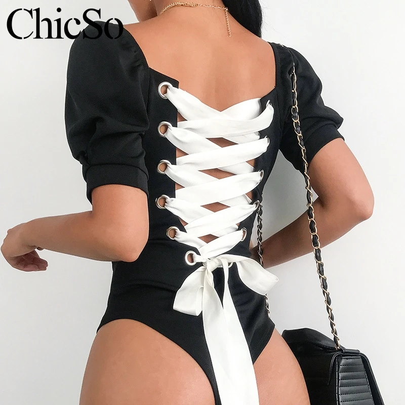 

MissyChilli Lace up black sexy bodysuit Women short sleeve backless elegant bodysuit top Summer party female jumpsuit romper