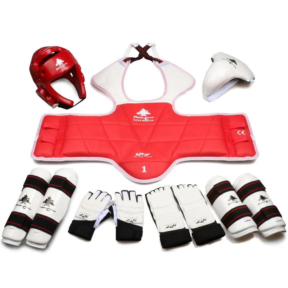 7 Piece Red Karate Sparring Gear Set Helmet Hand Foot Shin Guards Pads New