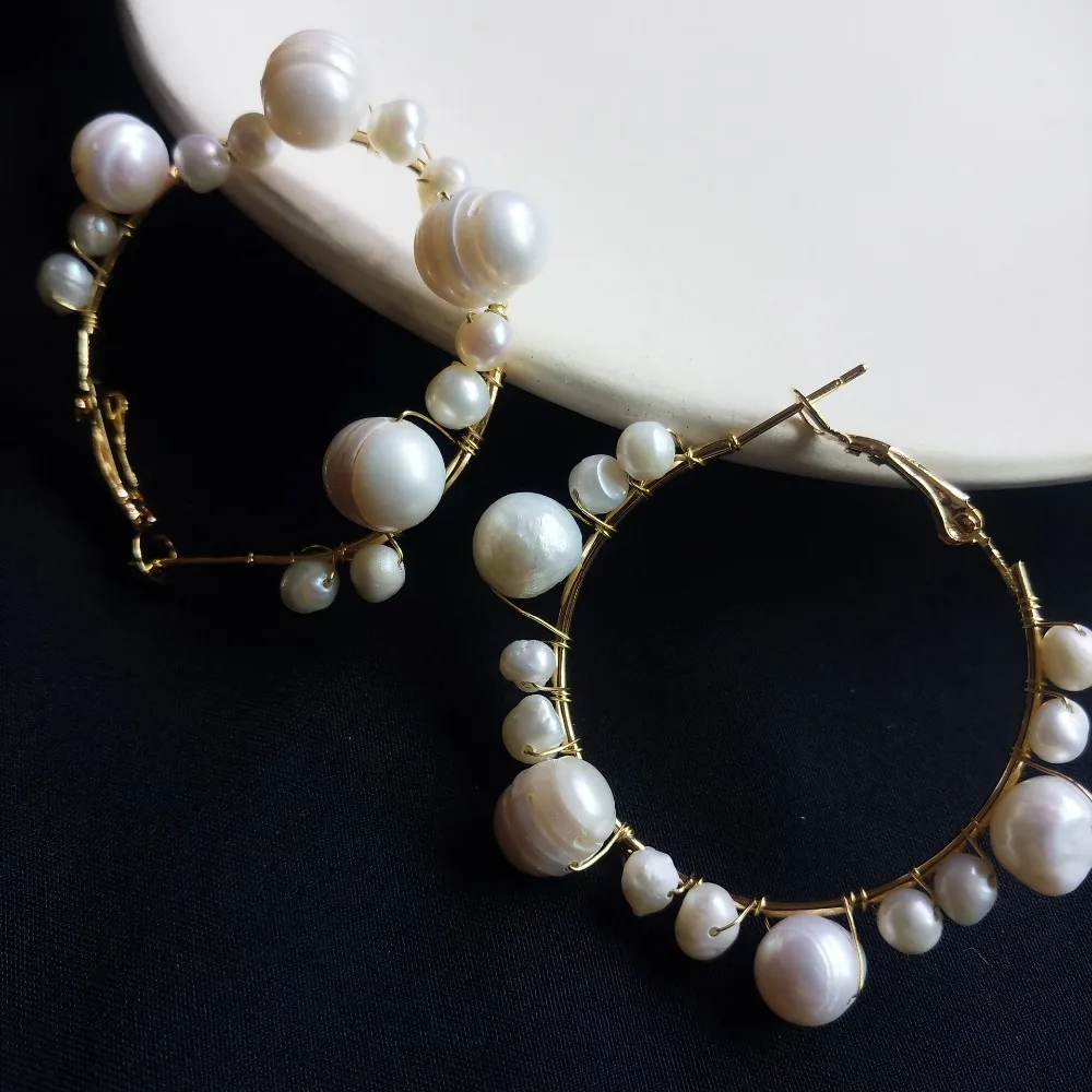 

Natural Baroque Shaped White Pearl Earrings wire circle loop earring eardrop For Women fashion Jewelry Hoop Earrings 1pair