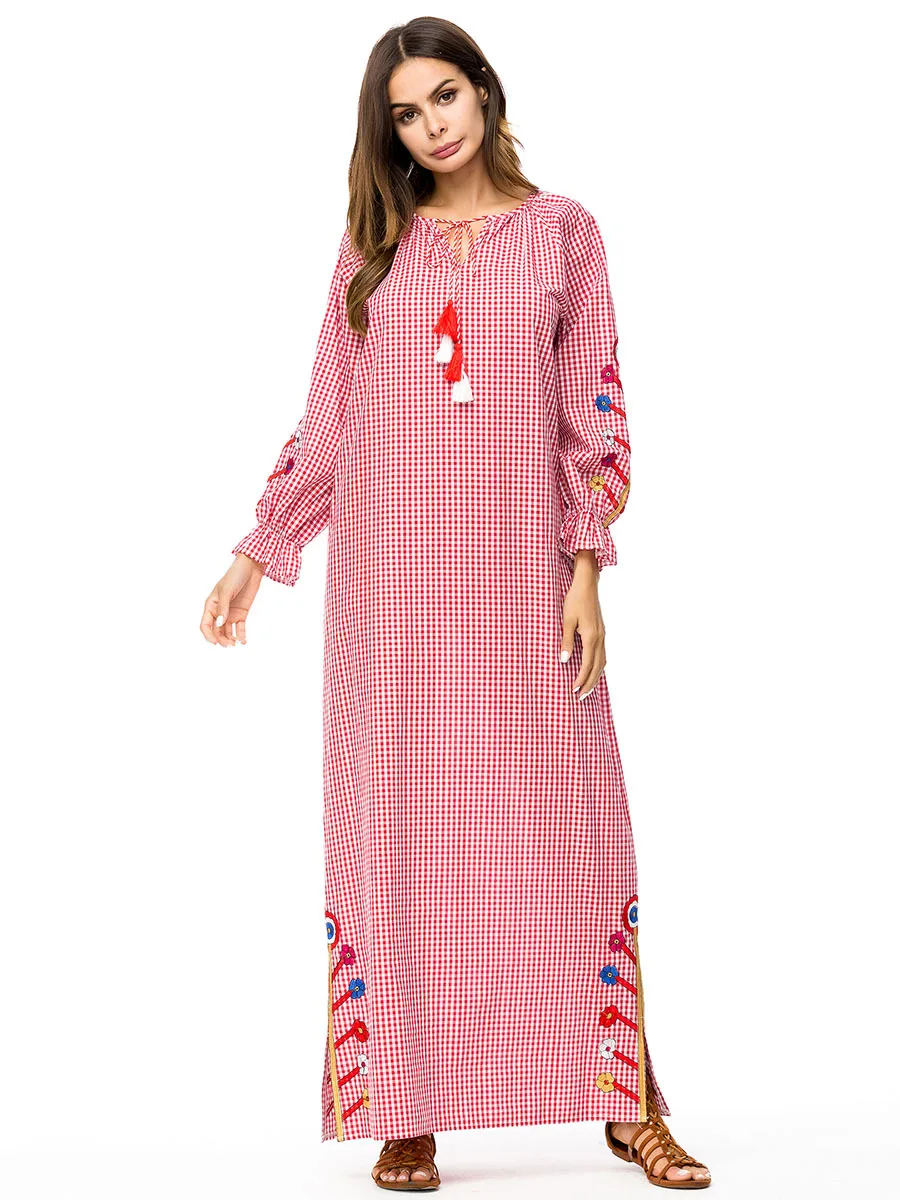 Arabic dresses maxi dress plus size 2018 autumn UAE ruffle cuff red and