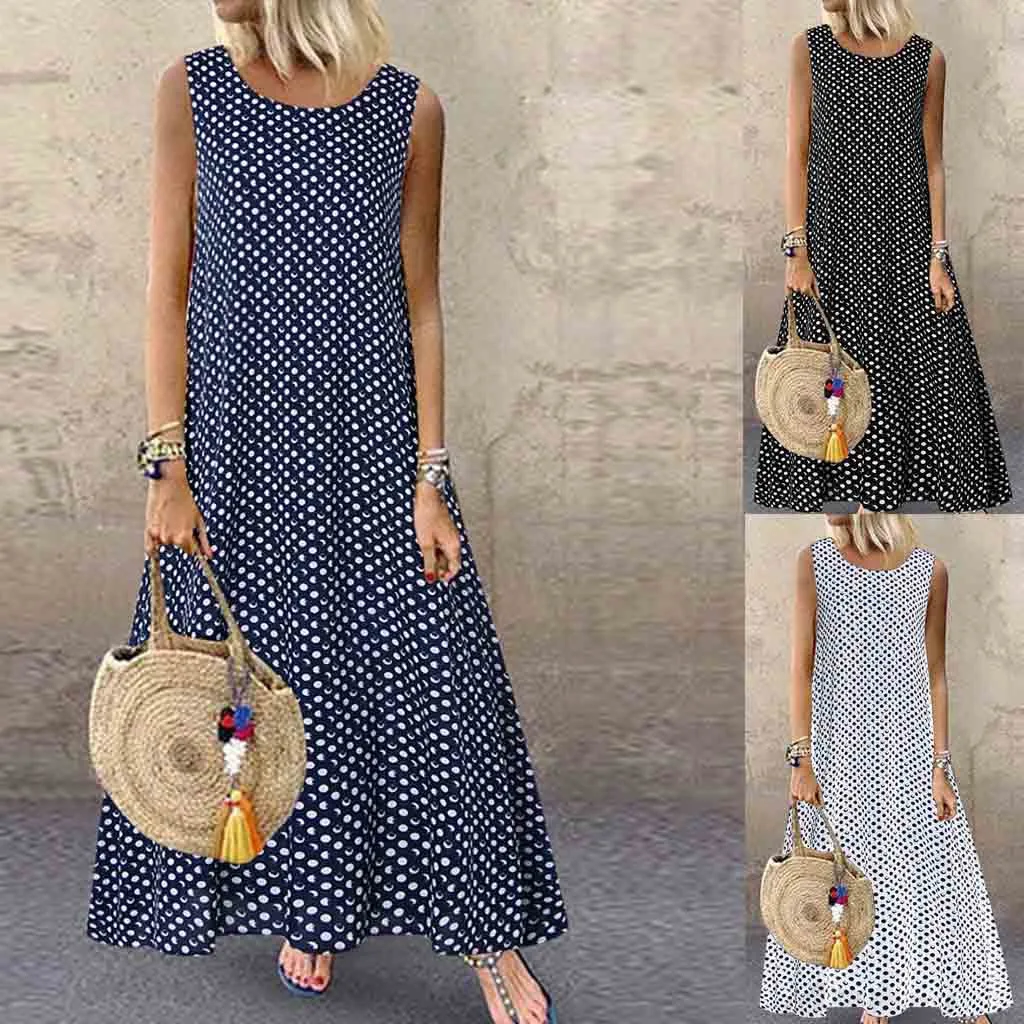 2019 New Summer Dress Plus Size Women Vintage O Neck Splicing Dot Printed Sleeveless Maxi Party Femme Vestidos | Женская одежда