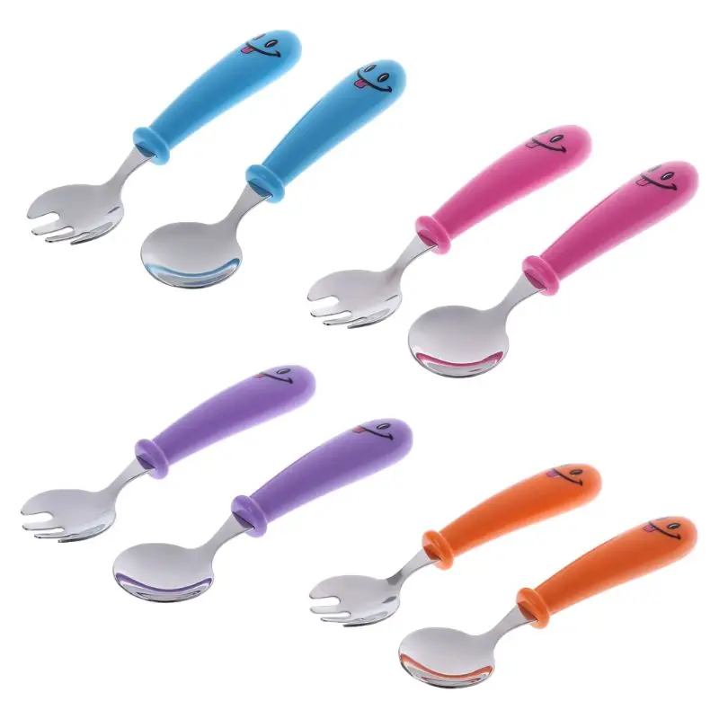 

Baby Dishes Fork + Spoon Stainless Steel Cartoon Cute Newborn Food Feeding Tableware Training Cutlery Children Infant Utensils