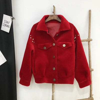 Red Высокая-конец Для женщин шерстяной жакет короткая крутое пальто новая зимняя свободно овечьей шерсти Обувь на теплом меху верхняя одежда однобортный женский повседневное Топы - Цвет: Red