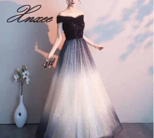 

2019 new dinner starry sky long ladies temperament gauze sequins
