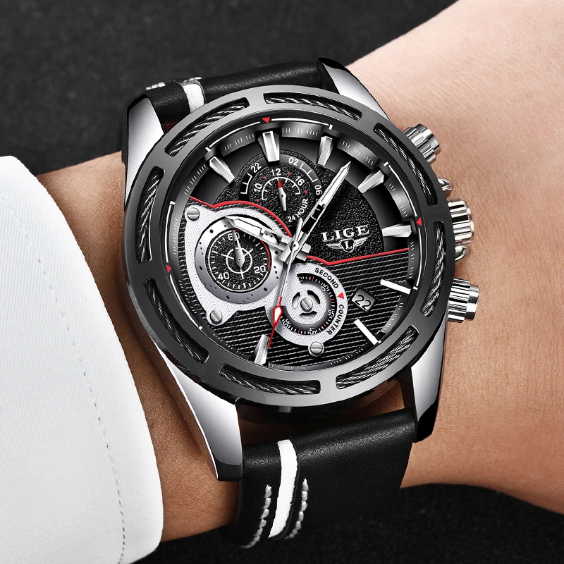 2018LIGE Mens Watches Top Brand Luxury Military Quartz Watch Men Leather Automatic Date Waterproo Sport Watch Relogio Masculino