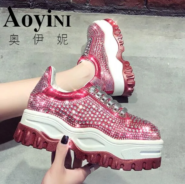 

Silver Red Crystal Lace Up Platform Sneakers Women Shining Rhinestone Flat With Casual Shoes Woman 2019 Spring Zapatos De
