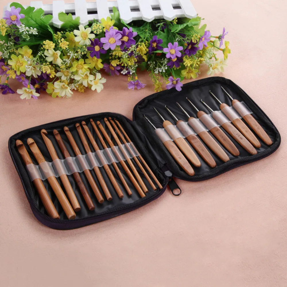 

20pcs Knitting Needles Crochet Needles Bamboo Crochet Hook Set with Case Knit Weave Craft Yarn Sewing Tools