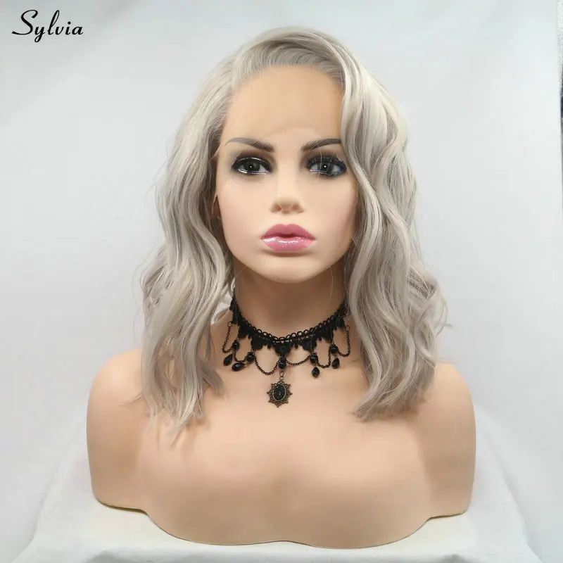 

Sylvia Silver Blonde Short Bob Wigs Synthetic Wavy Hair For Women Side Part Flawless Hairline Pastel Color Lace Front Wigs Party