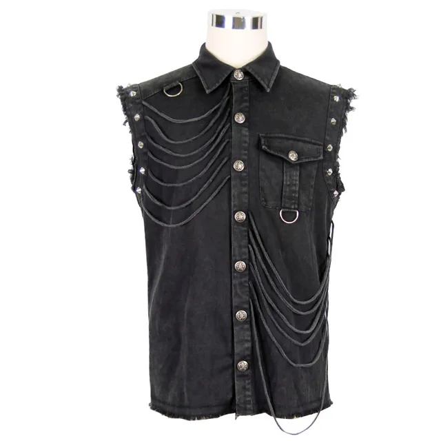 Gothic Punk Black Sleeveless Blouses Men Unique Vintage Rock Male