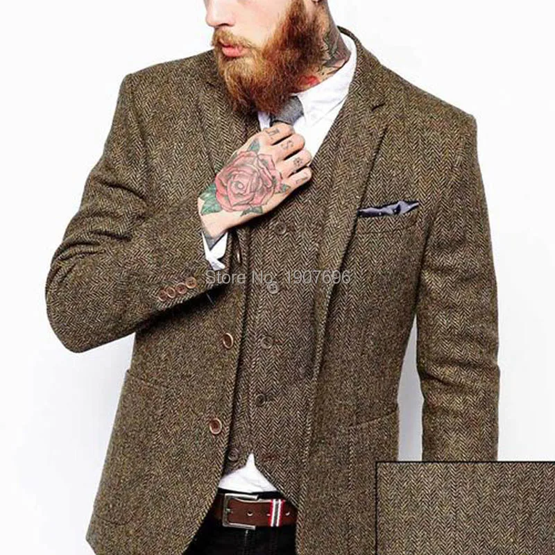 Хаки Твид Мужские костюмы Slim Fit Жилет зубчатый лацкане 3 шт Свадебные смокинги